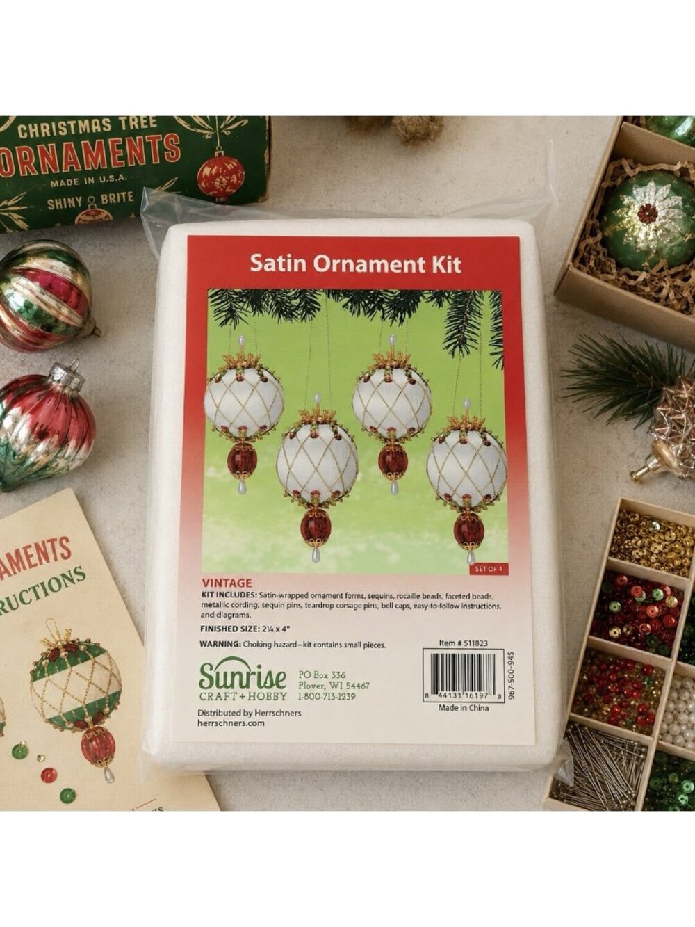 Vintage Sunrise Satin Sequin Push Pin Ornament Craft Kit Christmas White Red
